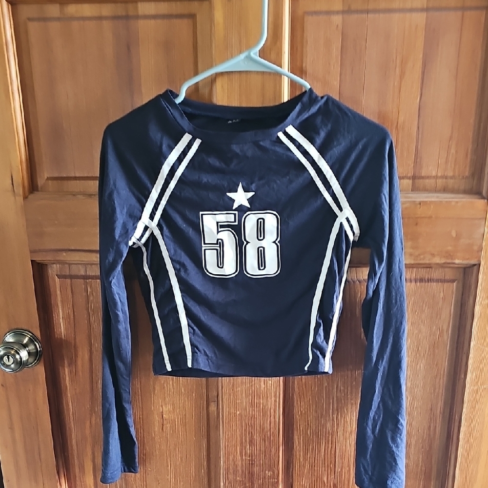 Navy Long Sleeve Crop Top with 58 Print